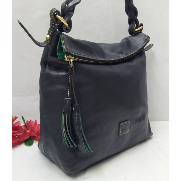 Dooney & Bourke Florentine Black Leather Tassel Zipper Closure Hobo Shoulder Bag - Picture 2 of 16